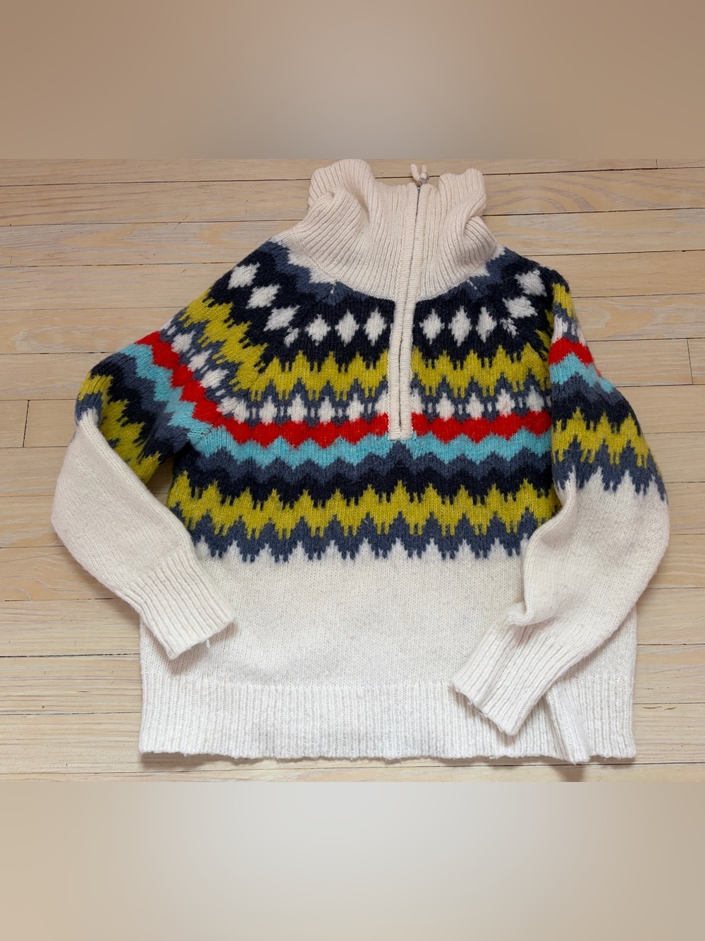 aerie Cream Half-Zip Turtleneck Sweater with Multicolor Fair Isle